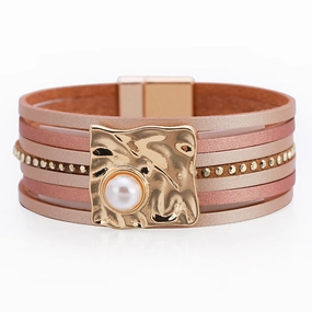 Wholesale Bohemian Multi-layered Leather Buckle with Pearl Bracelet