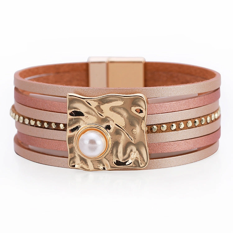 Wholesale Bohemian Multi-layered Leather Buckle with Pearl Bracelet