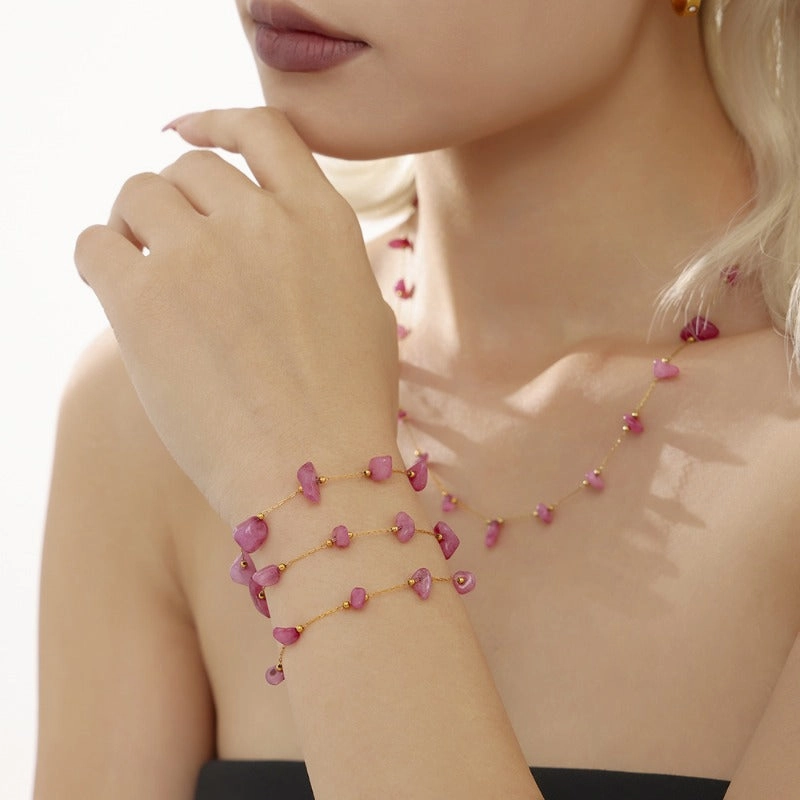 Wholesale Bohemian Pink Natural Stone Light Luxury Handmade Clavicle Necklace Bracelet Stainless Steel Women's Exquisite Set