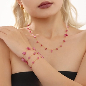 Wholesale Bohemian Pink Natural Stone Light Luxury Handmade Clavicle Necklace Bracelet Stainless Steel Women's Exquisite Set