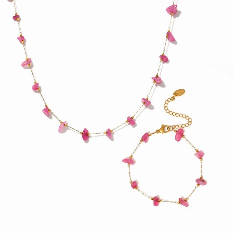 Wholesale Bohemian Pink Natural Stone Light Luxury Handmade Clavicle Necklace Bracelet Stainless Steel Women's Exquisite Set