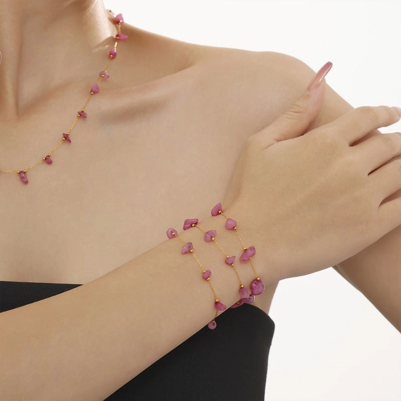 Wholesale Bohemian Pink Natural Stone Light Luxury Handmade Clavicle Necklace Bracelet Stainless Steel Women's Exquisite Set
