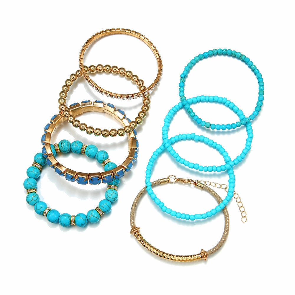 Wholesale Bohemian Turquoise Round Beads Vintage Elastic Rhinestone Rice Beads Bracelet Set