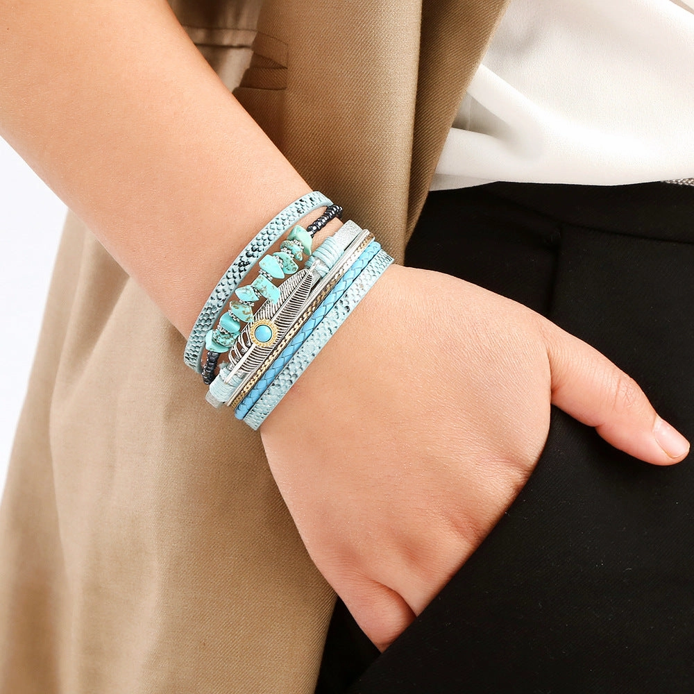 Wholesale Bohemian Vintage Ethnic Style Braided Turquoise Multi-layered Bracelet