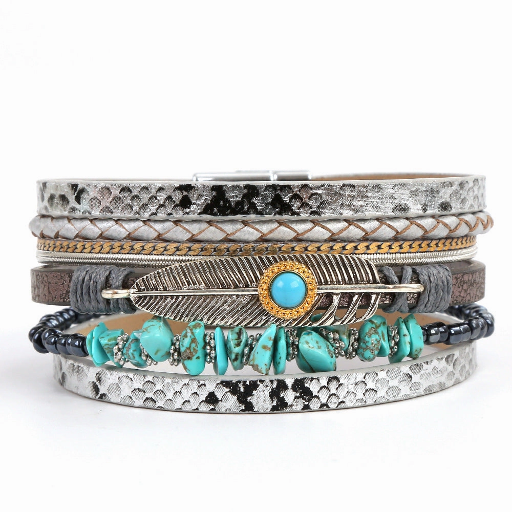 Wholesale Bohemian Vintage Ethnic Style Braided Turquoise Multi-layered Bracelet