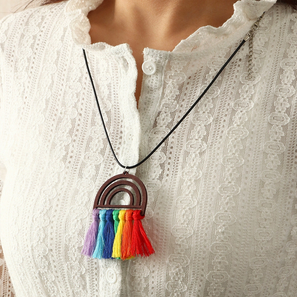 Wholesale Bohemian Wooden Rainbow Tassel Necklaces