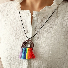Wholesale Bohemian Wooden Rainbow Tassel Necklaces