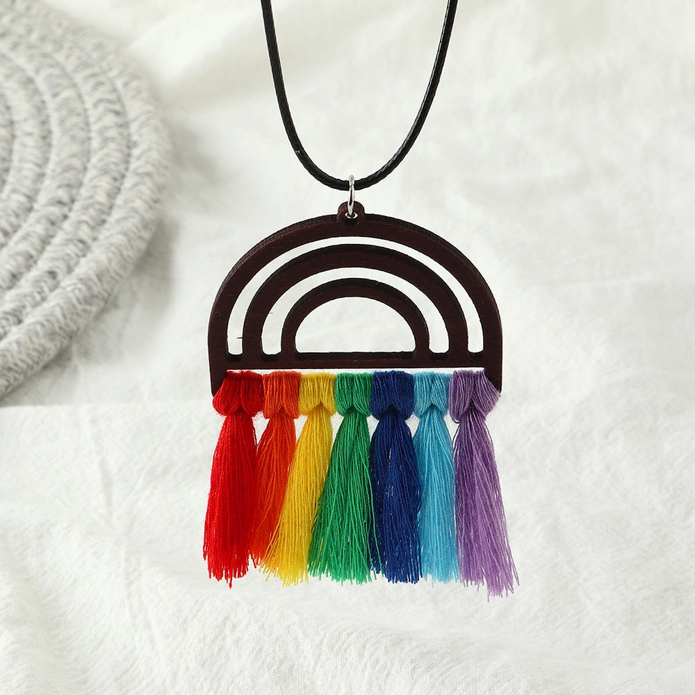 Wholesale Bohemian Wooden Rainbow Tassel Necklaces