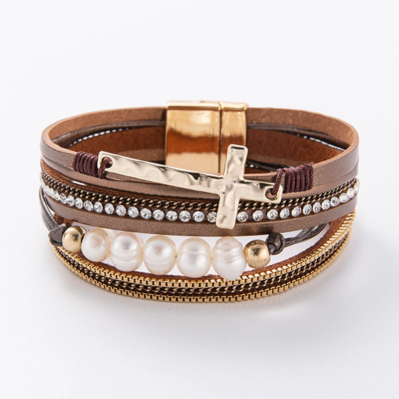 Wholesale Boho Leather Multi-Layered Wide Cross Bracelet