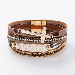 Wholesale Boho Leather Multi-Layered Wide Cross Bracelet