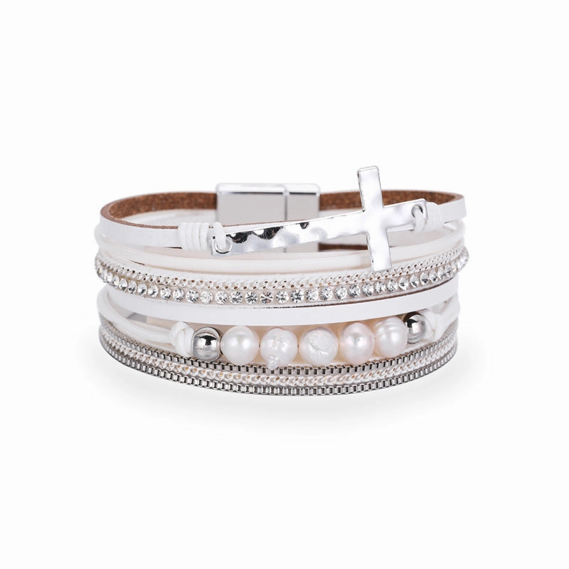 Wholesale Boho Leather Multi-Layered Wide Cross Bracelet
