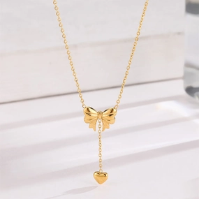 Wholesale Bow Heart Tassel Titanium Steel Necklace