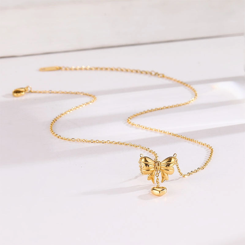 Wholesale Bow Heart Tassel Titanium Steel Necklace