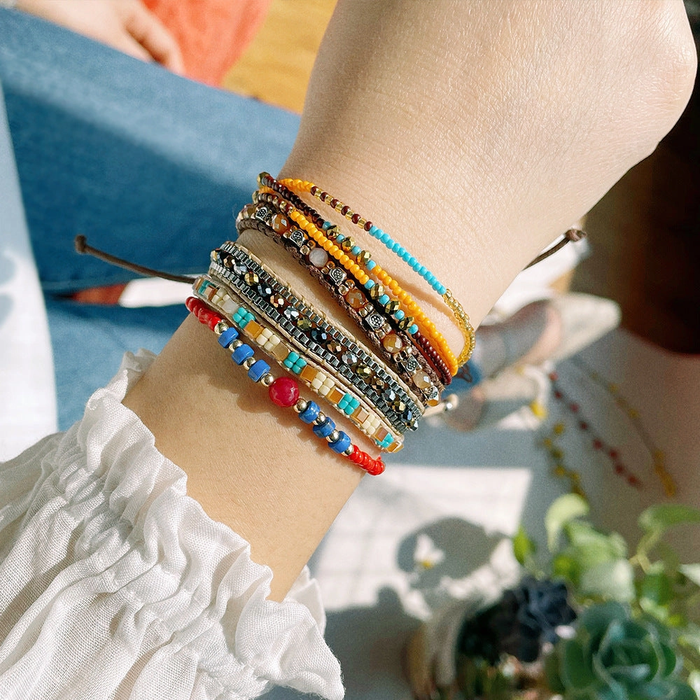 Wholesale Braided Leather Rope Retractable Rice Beads Bracelet