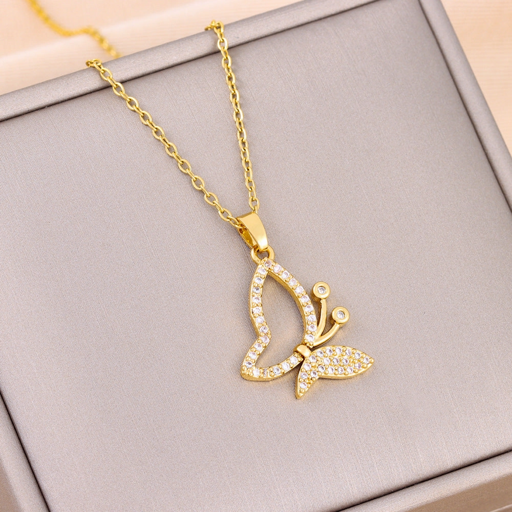 Wholesale Butterfly Diamond Titanium Steel Necklaces