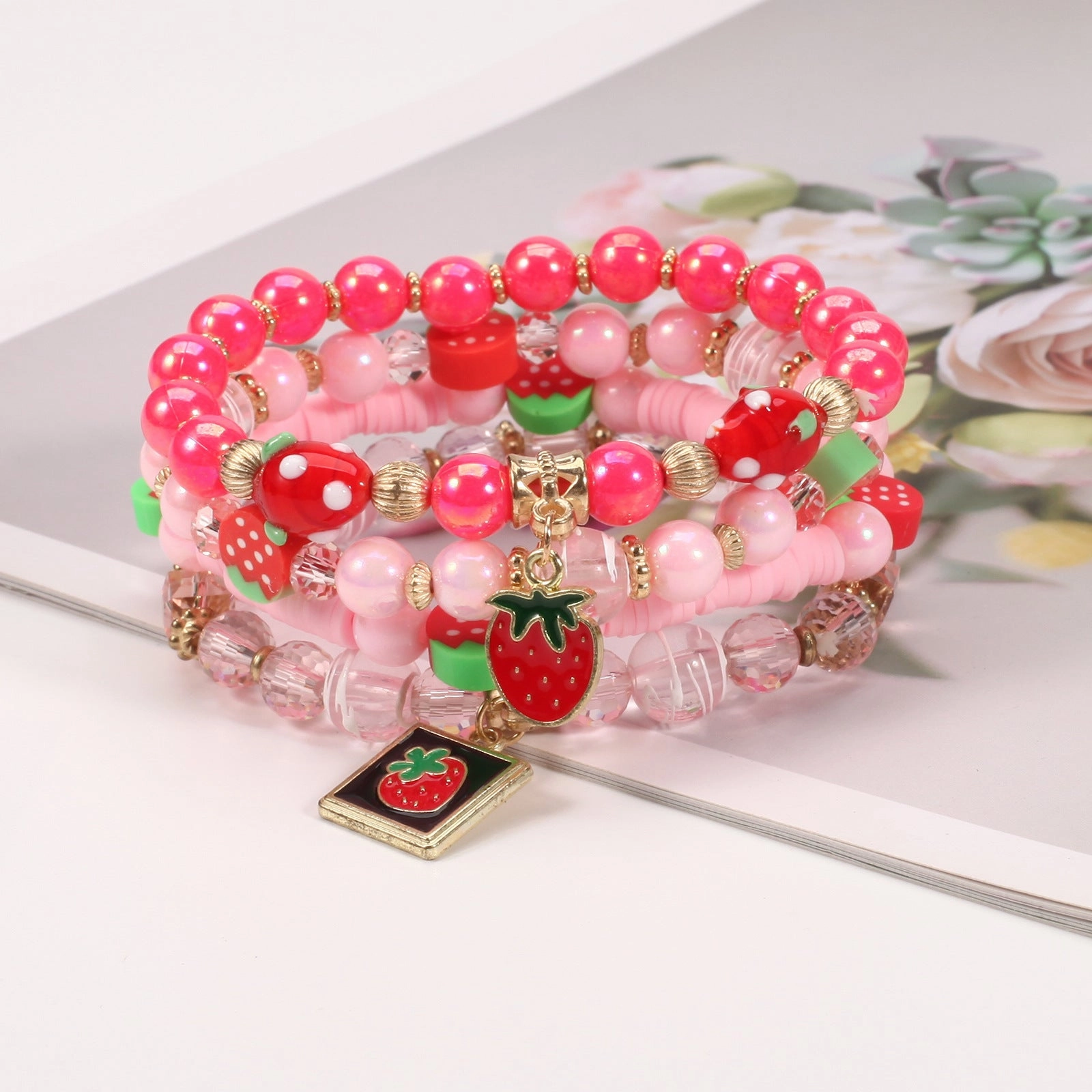 Wholesale Cartoon Cute Fruit Strawberry Pendant Glass Beaded Multi-layer Elastic Bracelet