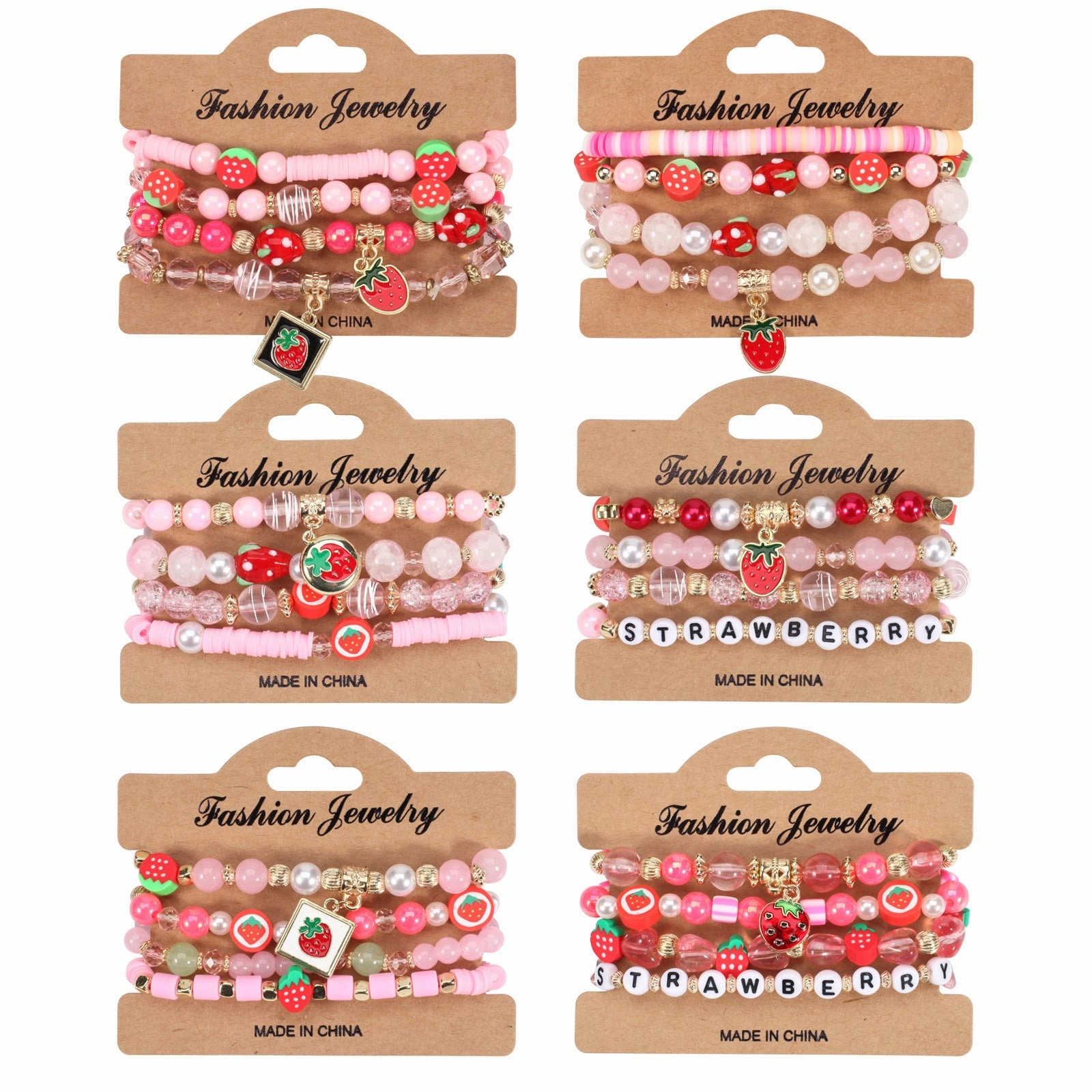 Wholesale Cartoon Cute Fruit Strawberry Pendant Glass Beaded Multi-layer Elastic Bracelet