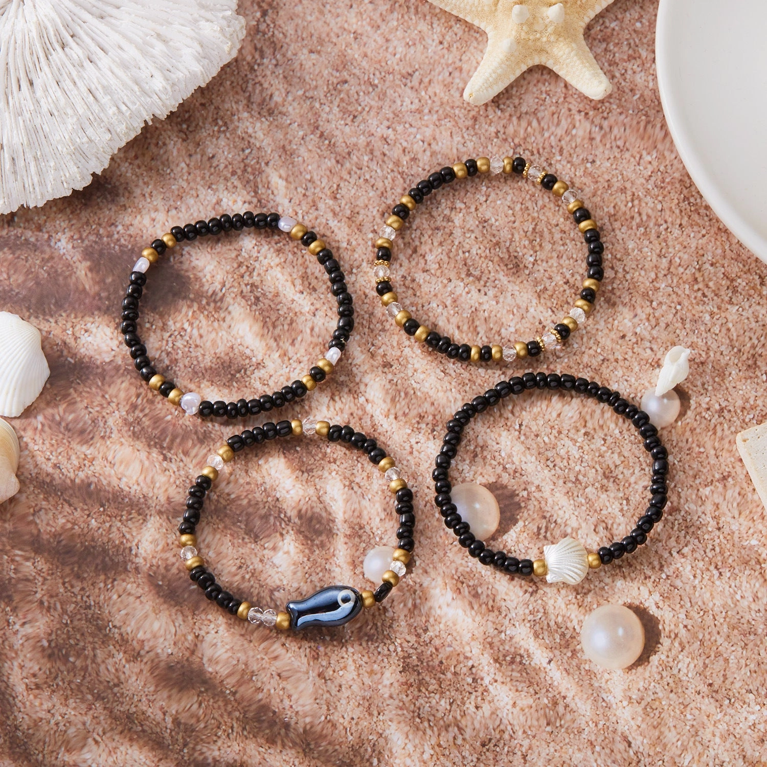 Wholesale Ceramic fish shell rice bead bracelet 4 pieces set