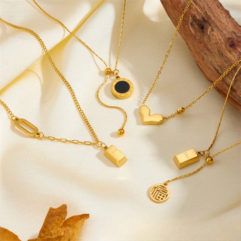 Wholesale Chinese Style Blessing Character To Attract Wealth and Fortune 18K Gold Plated Anti-allergic Titanium Steel Non-fading Necklaces