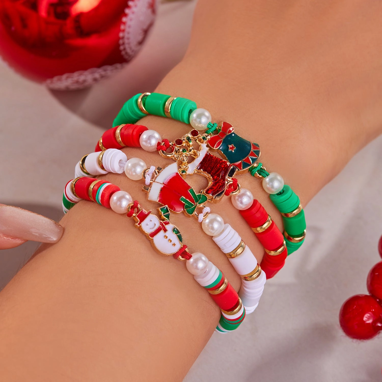 Wholesale Christmas Colorful Acrylic Diamond Snowflake Bell Elastic Beaded Bracelet