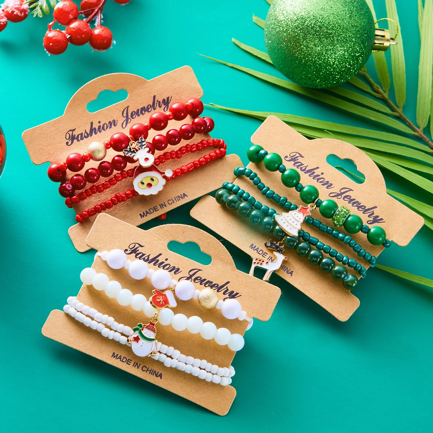 Wholesale Christmas Colorful Acrylic Diamond Snowflake Bell Elastic Beaded Bracelet