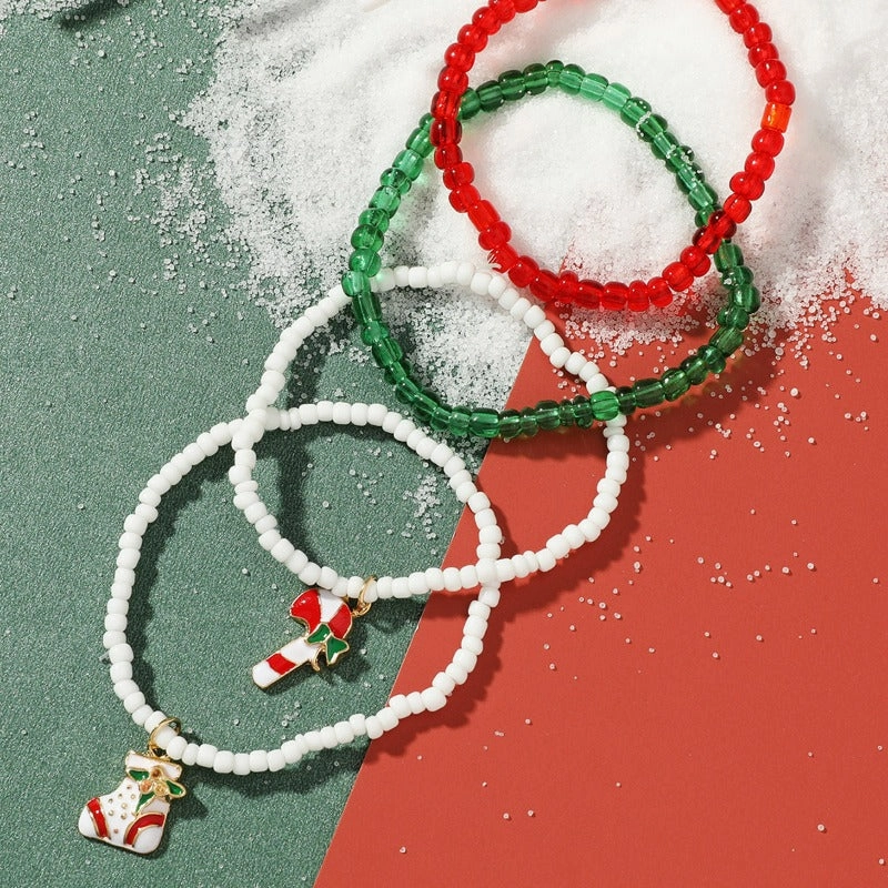 Wholesale Christmas Colorful Rice Beads Cane Socks Beaded Bracelet Set