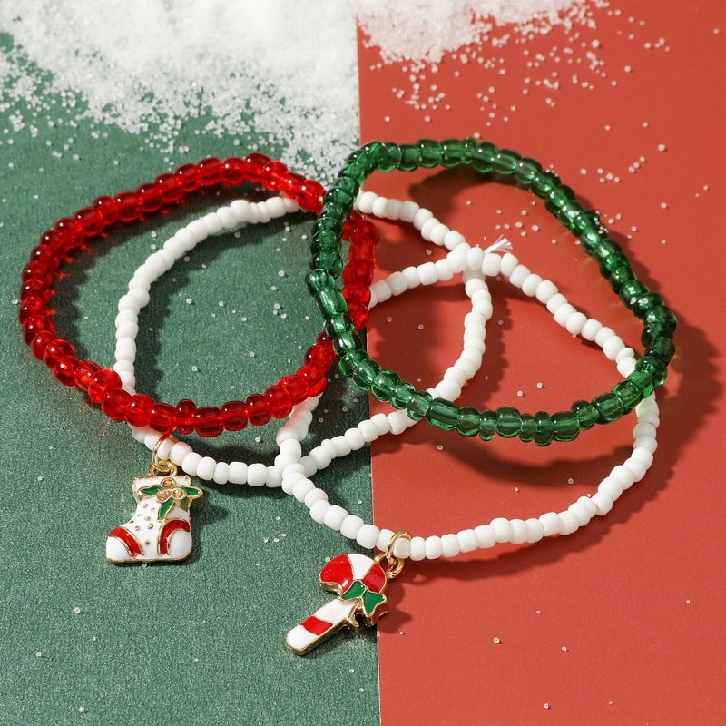 Wholesale Christmas Colorful Rice Beads Cane Socks Beaded Bracelet Set