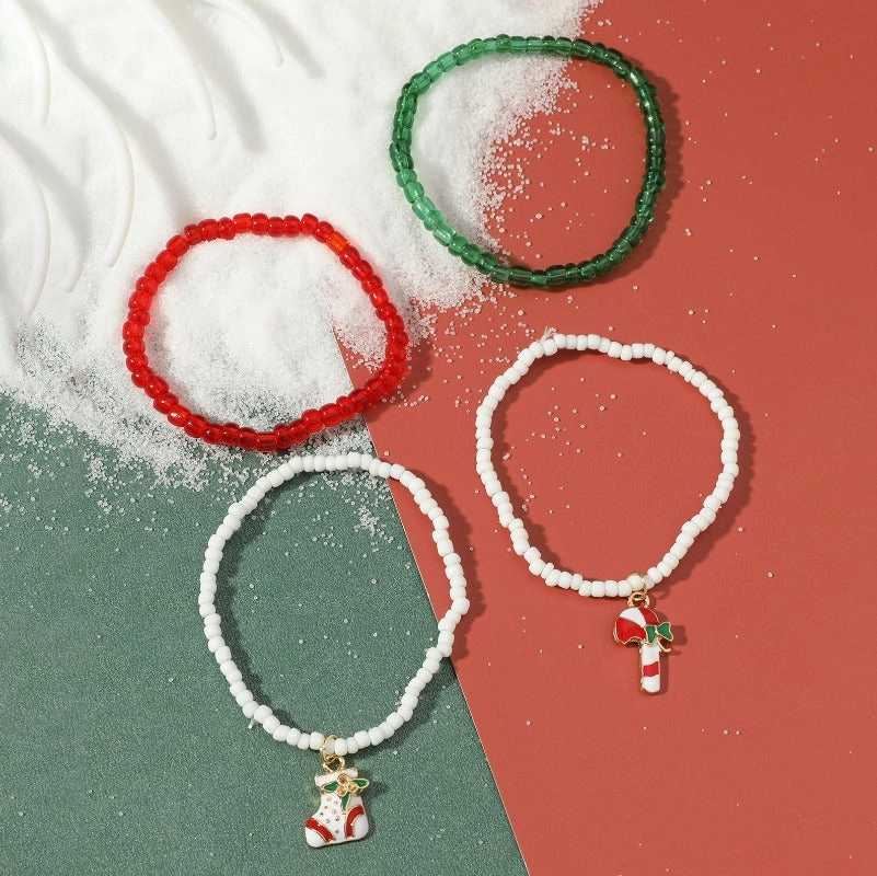 Wholesale Christmas Colorful Rice Beads Cane Socks Beaded Bracelet Set