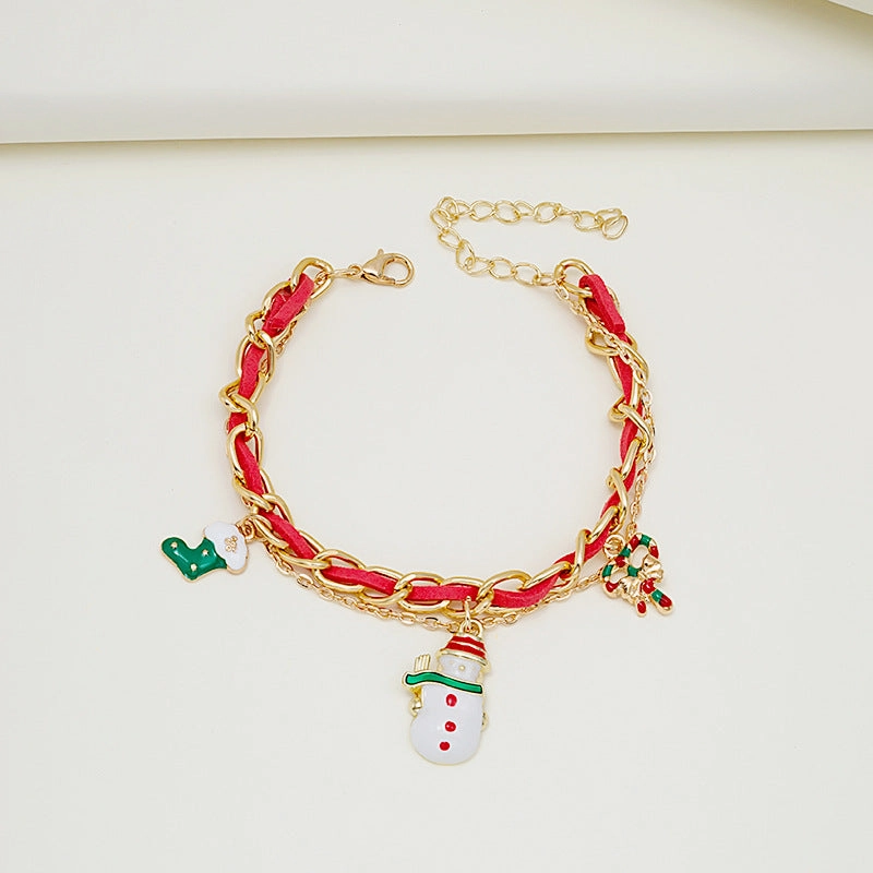 Wholesale Christmas Oil Drop Christmas Tree Snowman Cane Pendant Multi-layer Chain Bracelet