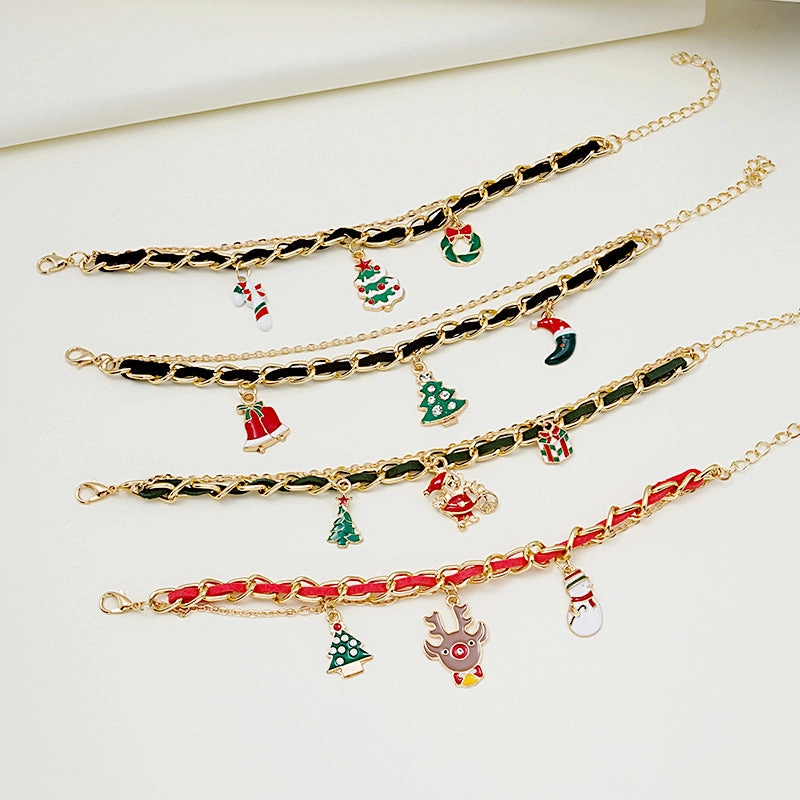 Wholesale Christmas Oil Drop Christmas Tree Snowman Cane Pendant Multi-layer Chain Bracelet