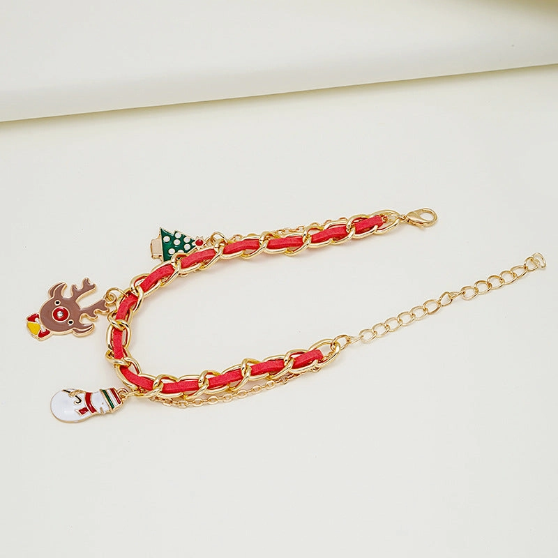 Wholesale Christmas Oil Drop Christmas Tree Snowman Cane Pendant Multi-layer Chain Bracelet
