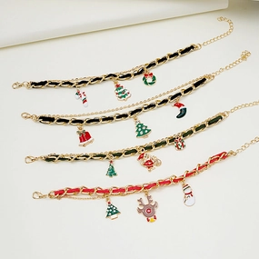 Wholesale Christmas Oil Drop Christmas Tree Snowman Cane Pendant Multi-layer Chain Bracelet