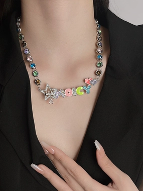 Wholesale Color Gem Pentagram Drop Alphabet Zircon Alloy Necklaces
