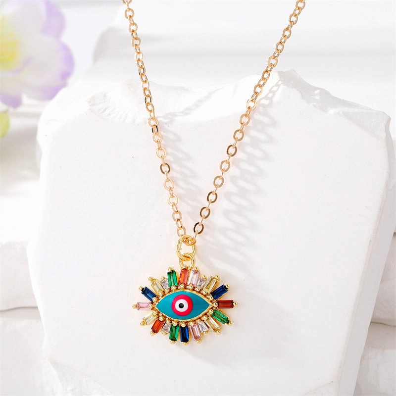 Wholesale Color Inlaid Zircon Color Drip Devil Eye Alloy Necklaces