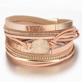 Wholesale Color Matching Elliptical Crushed Stone Magnetic Buckle Multi-layer Leather Bracelet