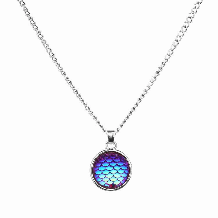 Wholesale Color Mermaid 16mm AB Fish Scale Time Gemstone Alloy Pendant Necklaces