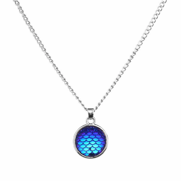 Wholesale Color Mermaid 16mm AB Fish Scale Time Gemstone Alloy Pendant Necklaces