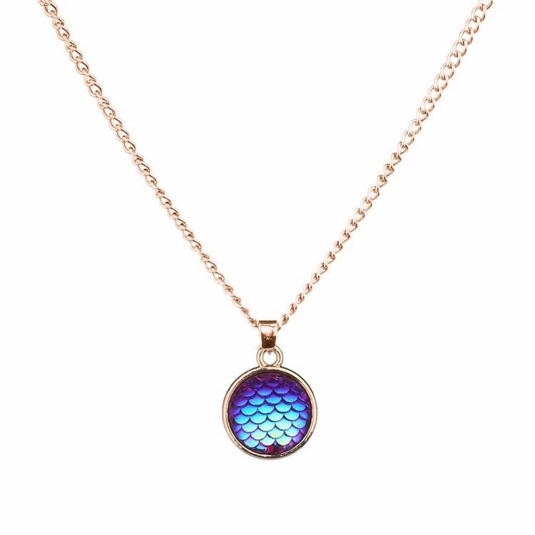 Wholesale Color Mermaid 16mm AB Fish Scale Time Gemstone Alloy Pendant Necklaces