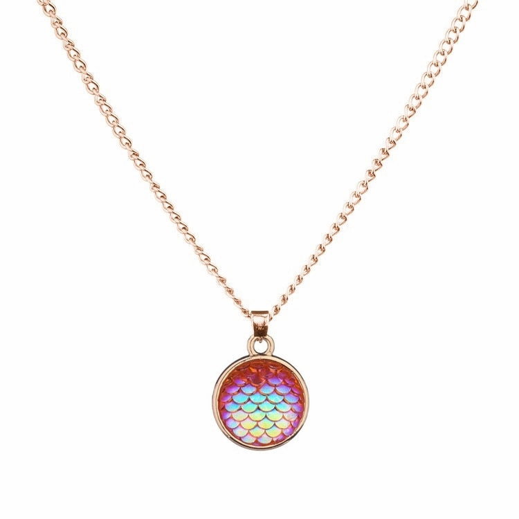Wholesale Color Mermaid 16mm AB Fish Scale Time Gemstone Alloy Pendant Necklaces