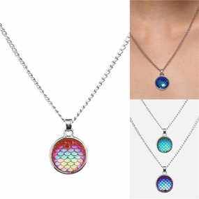 Wholesale Color Mermaid 16mm AB Fish Scale Time Gemstone Alloy Pendant Necklaces
