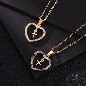 Wholesale Color Zircon Cross Heart Copper Necklaces