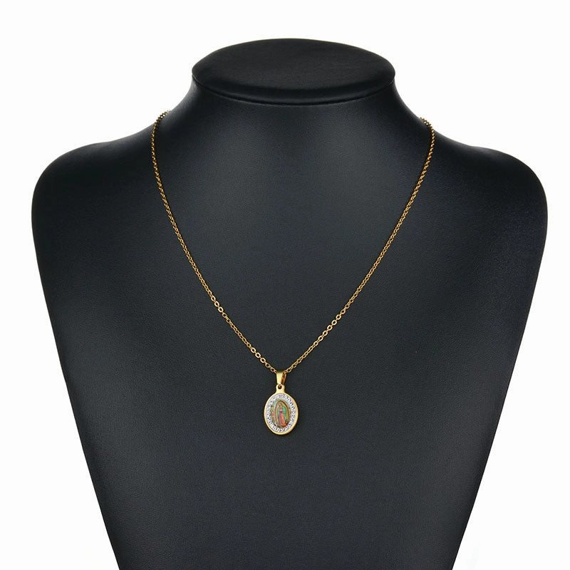 Wholesale Colored Virgin Mary Drop Glue Pendant Oval Diamond Set Stainless Steel Necklaces