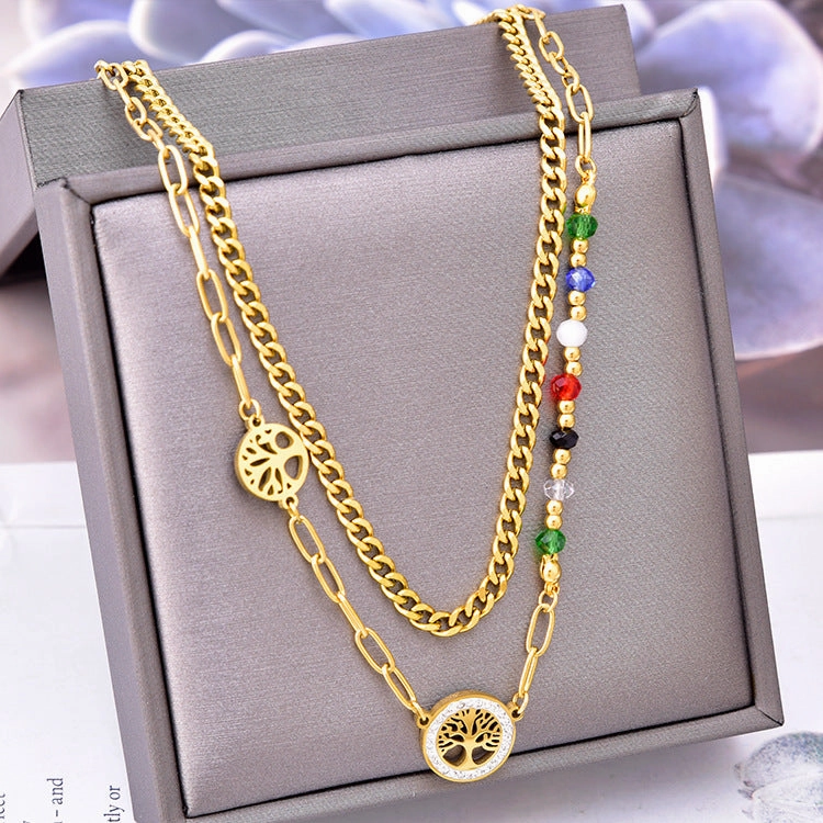 Wholesale Colorful Beads Tree Of Life Pendant Titanium Steel Necklaces