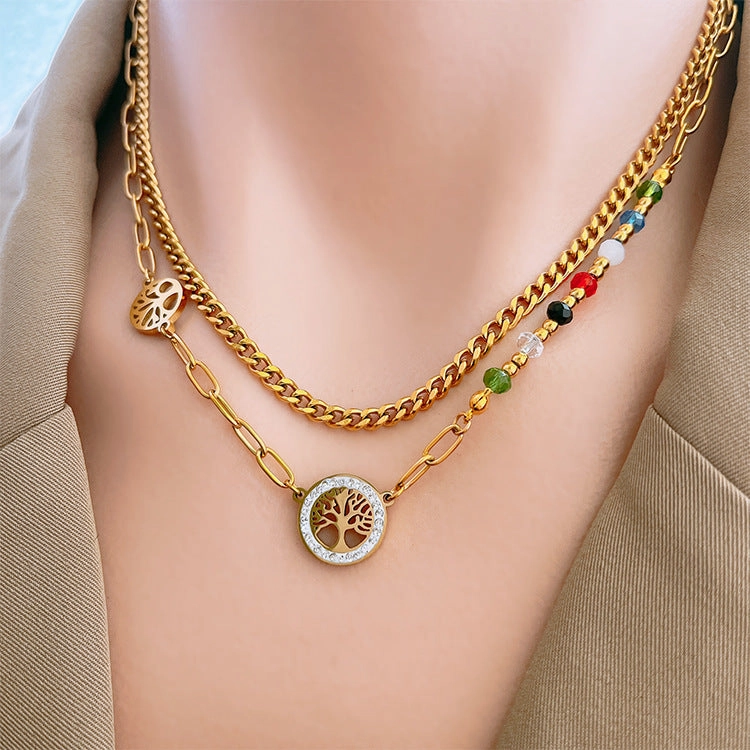 Wholesale Colorful Beads Tree Of Life Pendant Titanium Steel Necklaces