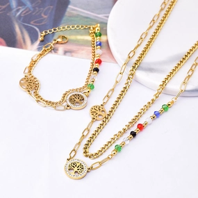 Wholesale Colorful Beads Tree Of Life Pendant Titanium Steel Necklaces