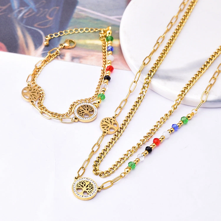 Wholesale Colorful Beads Tree Of Life Pendant Titanium Steel Necklaces