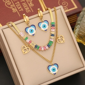 Wholesale Colorful Cubic Zirconia Necklace Stainless Steel Double Chain Heart Bracelet Set