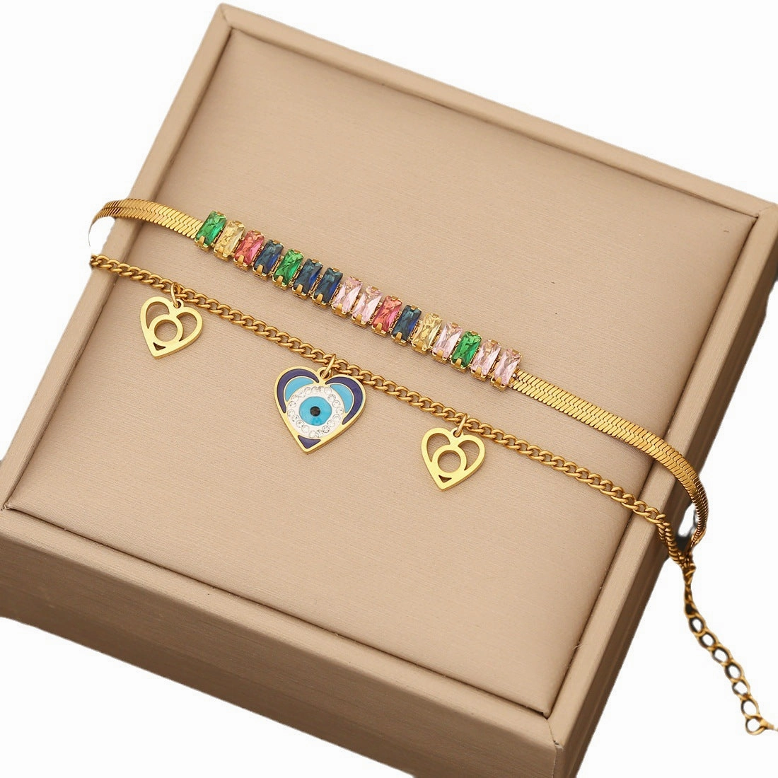 Wholesale Colorful Cubic Zirconia Necklace Stainless Steel Double Chain Heart Bracelet Set