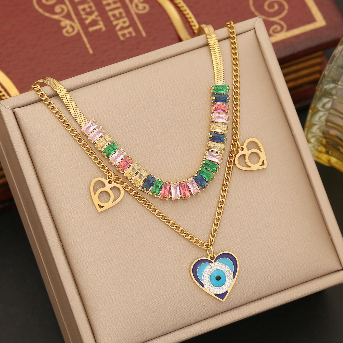 Wholesale Colorful Cubic Zirconia Necklace Stainless Steel Double Chain Heart Bracelet Set