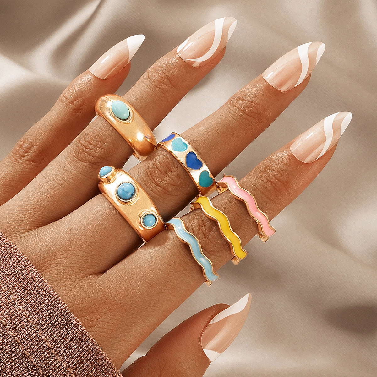 Wholesale Colorful Heart Alloy Rings Set of 6